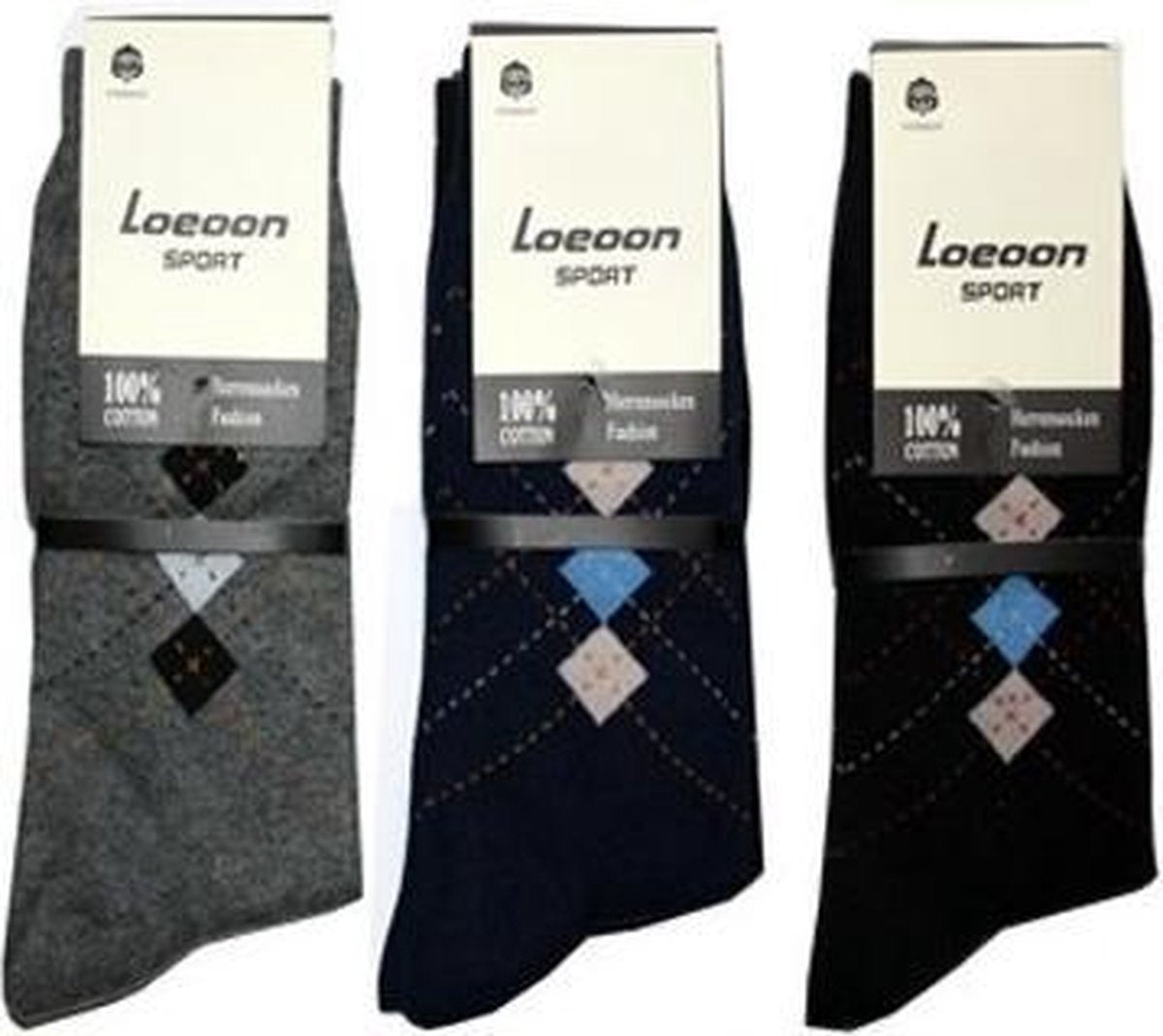 Socke|Sokken Heren|Grijs/Blauw/Zwart "Blokmotief"|Maat 39/42|100% Katoen|3 Paar