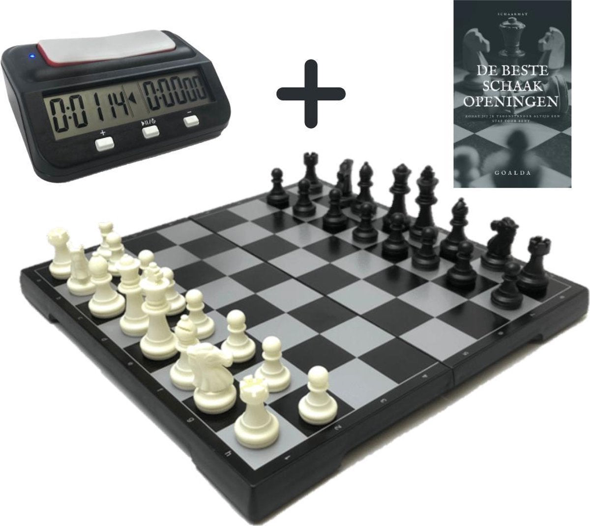 Schaakset Met Schaakklok - Schaakspel - Schaakklok Digitaal - Schaken - Schaakbord Met Schaakstukken – Magnetisch – Opklapbaar - Gratis Schaakboekje Met Openingszetten - 27cm bij 27 cm