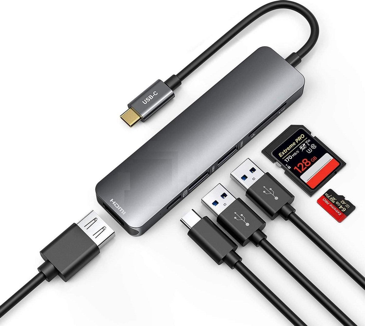 6 in 1 - Aluminium USB C Hub - USB-C Adapter Hub - 4K HDMI - Thunderbolt 3 - Type C Hub SD/Micro SD - Lezer Type C Poort Voor o.a. Apple Macbook / Macbook Pro 2016 / 2017 / 2018 - Space Grey
