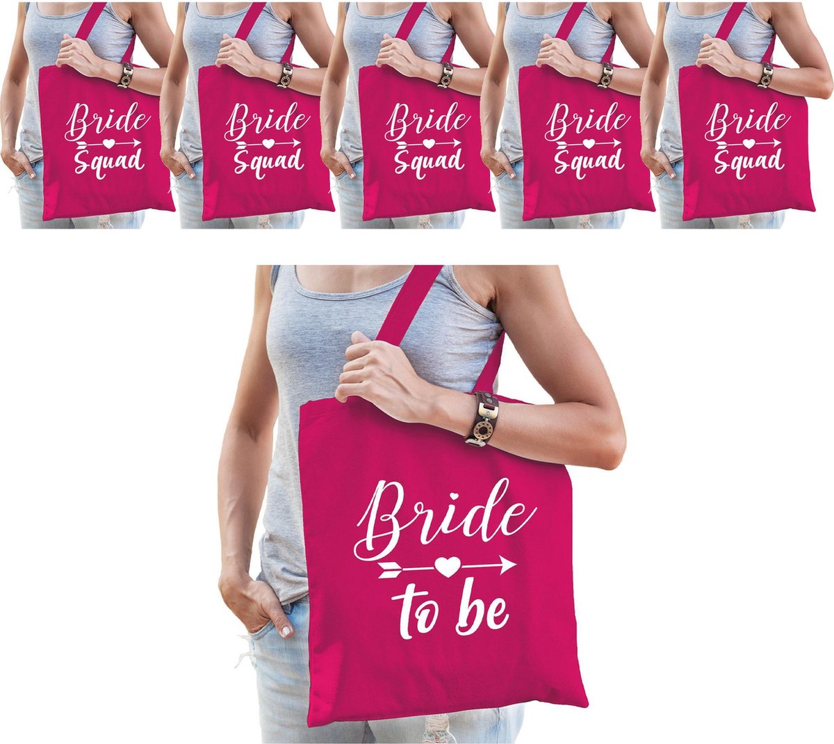Vrijgezellenfeest dames tasjes/ goodiebag pakket - 1x Bride to Be roze + 9x Bride Squad roze - Vrijgezellen vrouw