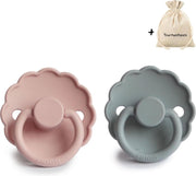 FRIGG | Fopspeen Duo | T1 | 0-6 maanden | Daisy | Natuurrubber | Blush + French Gray | Met YOURMUSTHAVES speenzakje
