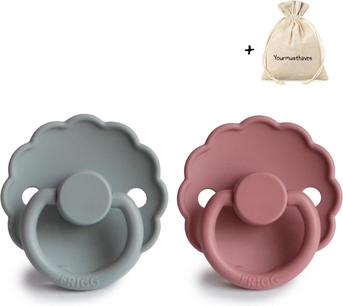 FRIGG | Fopspeen Duo | T1 | 0-6 maanden | Daisy | Natuurrubber |Dusty Rose + French Gray | Met YOURMUSTHAVES speenzakje