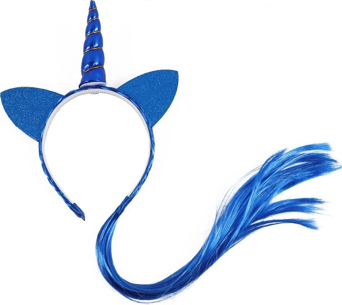 Eenhoorn haarband blauw unicorn diadeem met haar en oortjes - blauwe hoorn haar glitter vlecht extensions festival