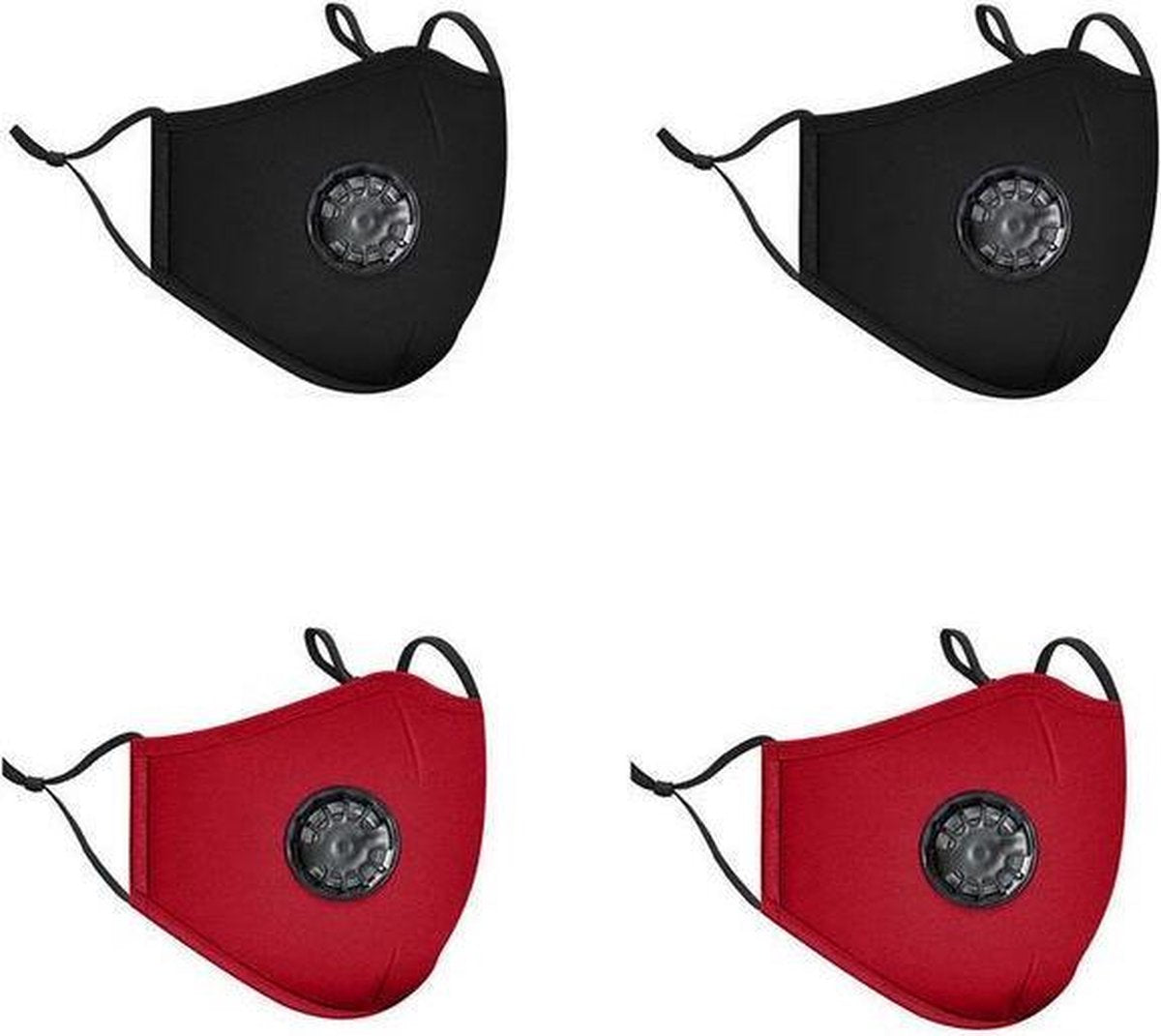 4 stuks Herbruikbare Mondkapje - Valve mondmasker zwart & rood