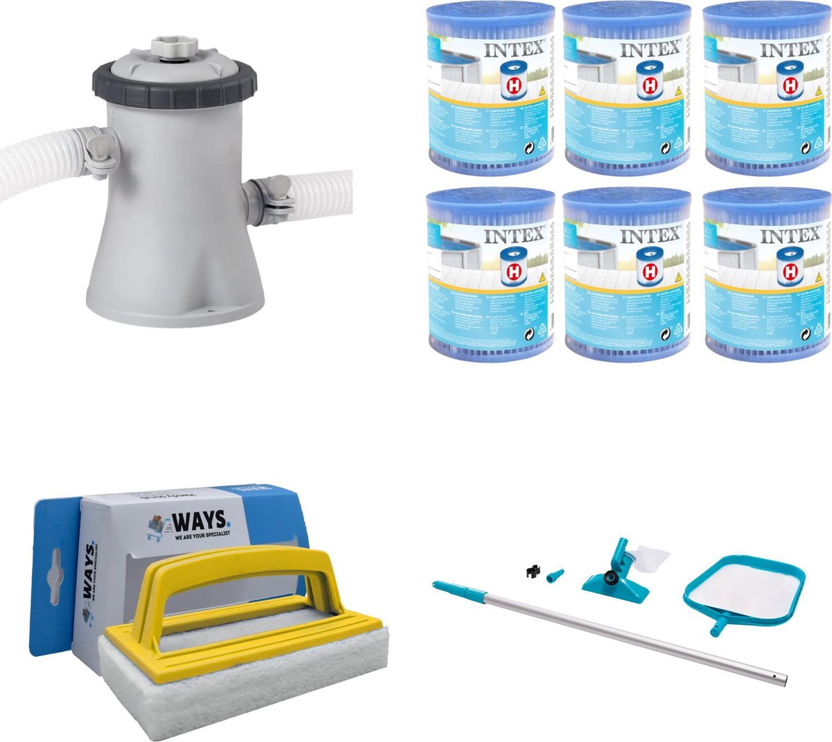 WAYS - Zwembad Onderhoud - Intex Onderhoudsset & Intex Filterpomp 28602GS & 6 Intex Filters Type H & WAYS Handy Scrubborstel