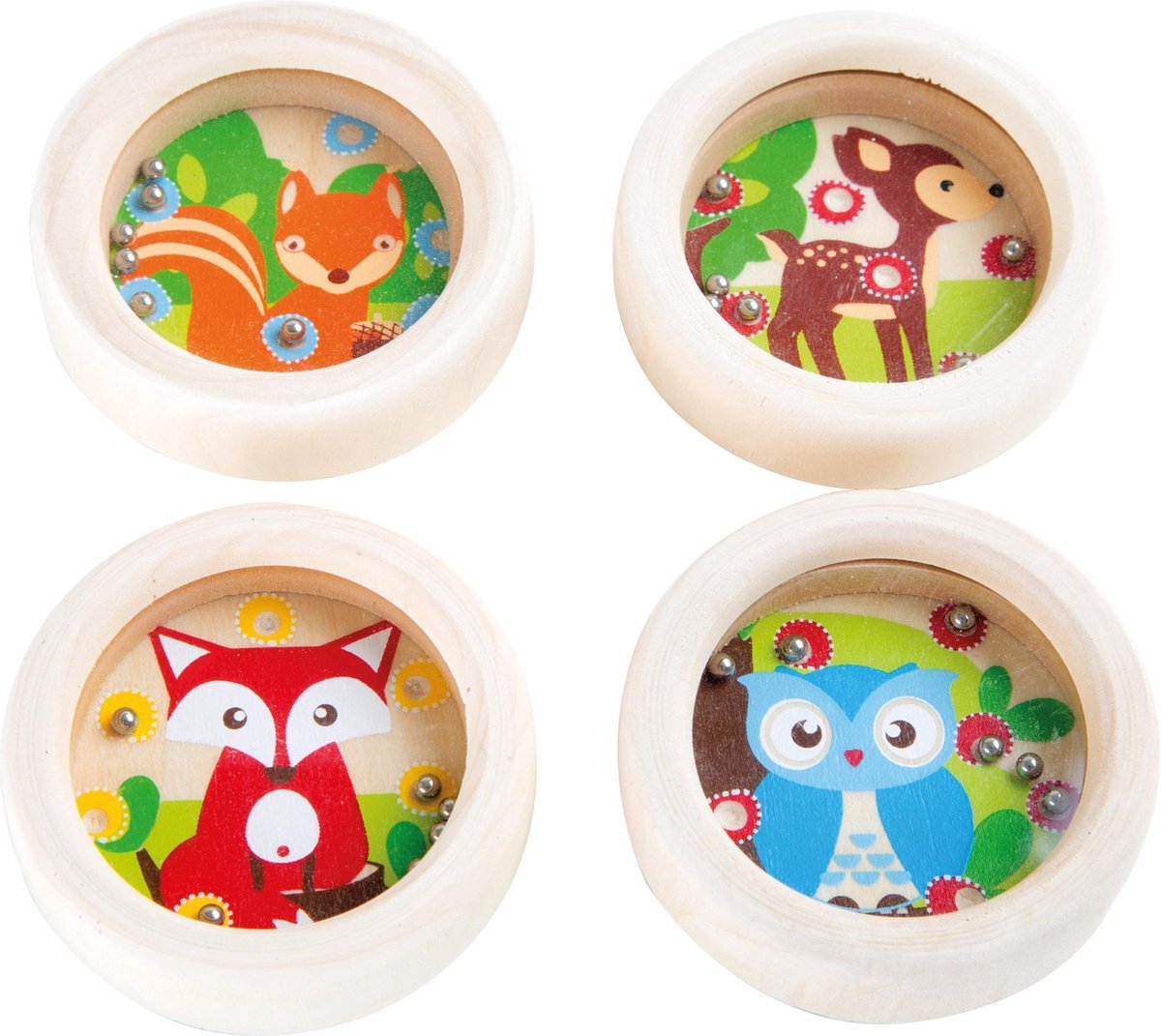 Set van 4 houten geduldspelletjes met balletjes en dieren print (uitdeelcadeau / hebbedingetje)