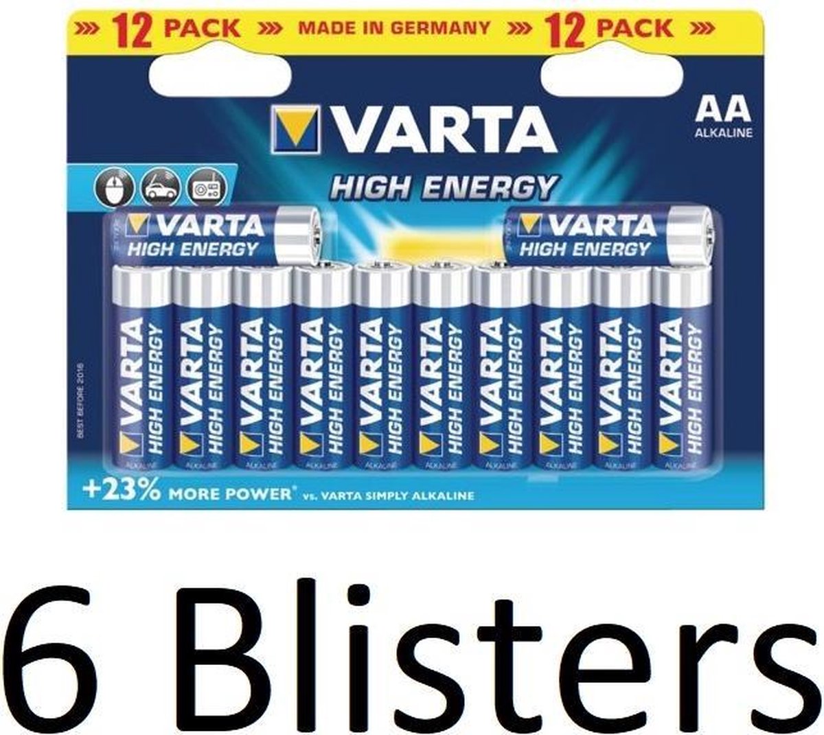 72 Stuks (6 Blisters a 12 st) Varta AA Alkaline Batterijen - 1.5 V High Energy