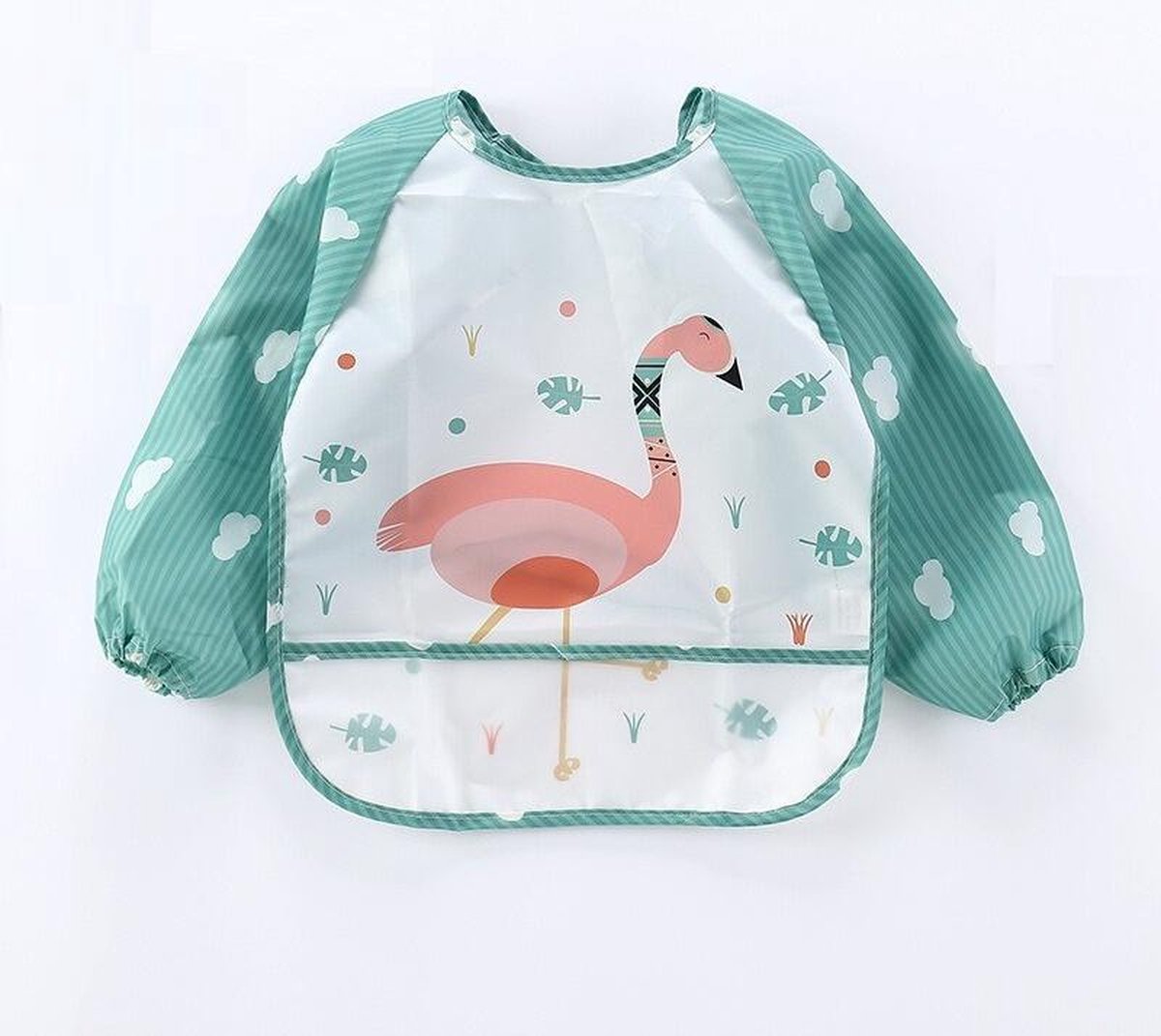 Slabbetje lange mouwen met brede opvangbak (1-3 jaar) - flamingo - mag in vaatwasser/ wasmachine