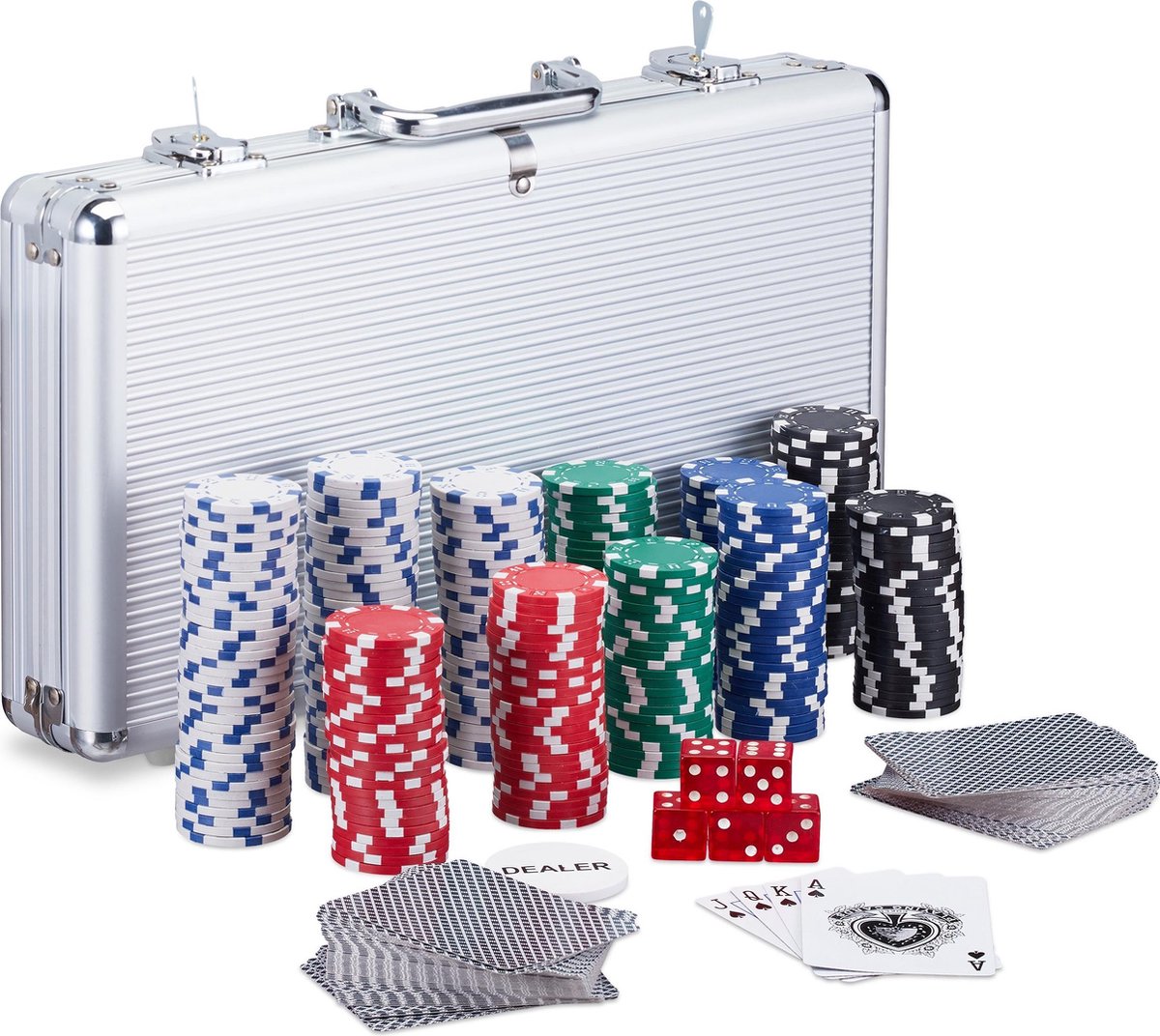relaxdays pokerkoffer pokerset - 300 laser chips - 2 kaartspellen - dobbelsteen - buttons