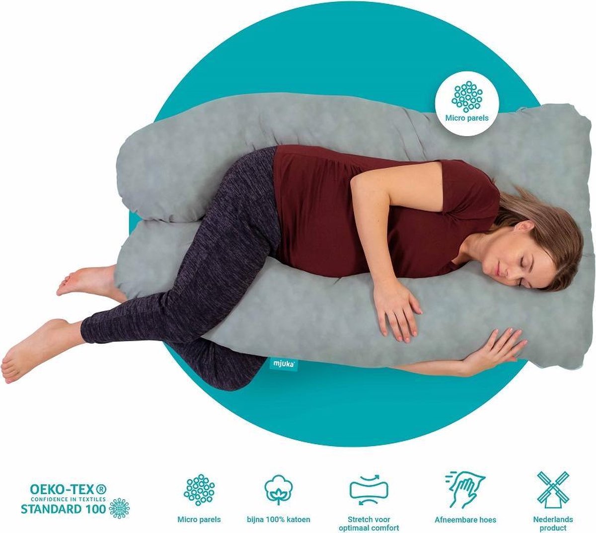 Mjuka® Zwangerschapskussen XXL Microparels | Lichaamskussen | Nicky Velours Oeko-Tex Standard 100 | Zijslaapkussen Grijs | 280 cm | Incl. Luxe Opbergtas