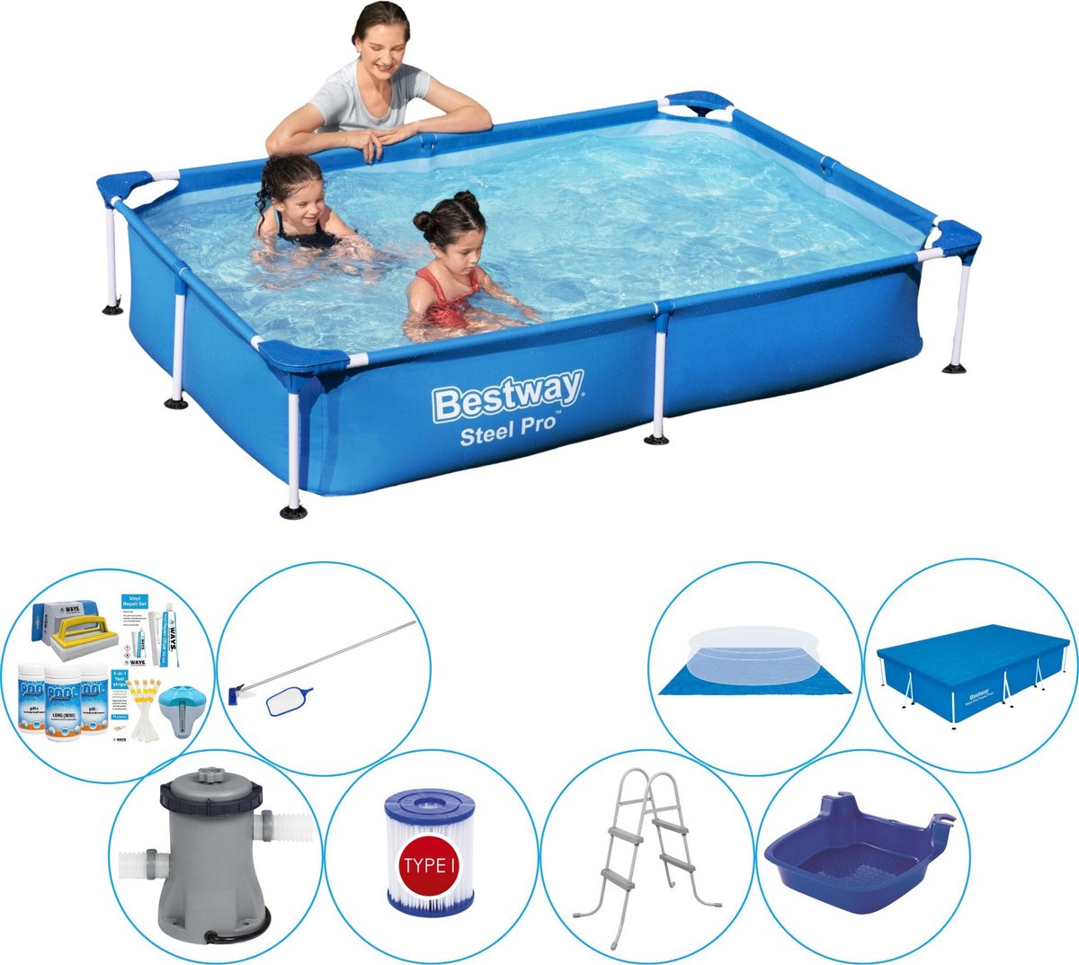 Bestway Steel Pro Rechthoekig Zwembad - 221 x 150 x 43 cm - Blauw - Premium Set