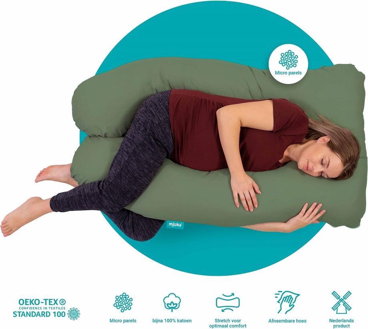 Mjuka® Zwangerschapskussen XXL Microparels | Lichaamskussen | Soft Cotton Oeko-Tex Standard 100 | Body Pillow Groen | Zijslaapkussen 280 cm | Incl. luxe opbergtas