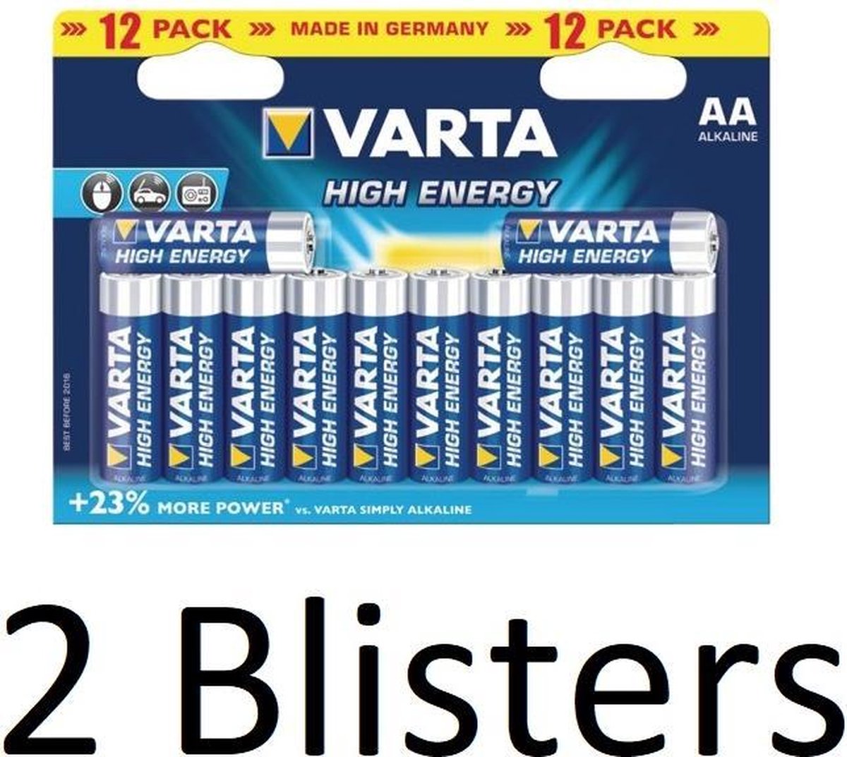 24 Stuks (2 Blisters a 12 st) Varta AA Alkaline Batterijen - 1.5 V High Energy