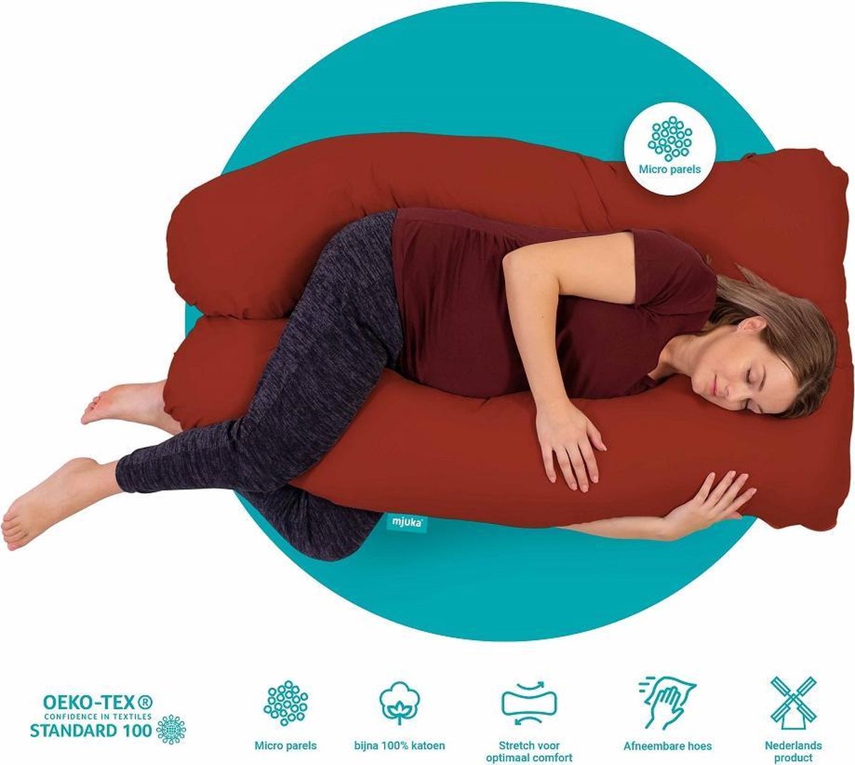 Mjuka® Zwangerschapskussen XXL Microparels | Lichaamskussen | Soft Cotton Oeko-Tex Standard 100 | Body Pillow Brique | Zijslaapkussen 280 cm | Incl. Luxe Opbergtas