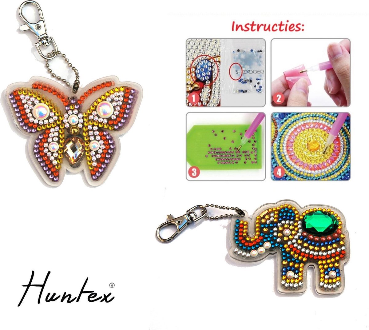 Huntex Diamond Painting Sleutelhanger Set - Olifant/Vlinder - Accessoires - pen - Kinderen - Pakket Volwassenen - Pakket Full - Pakket Volledig - Accesoires - Dieren