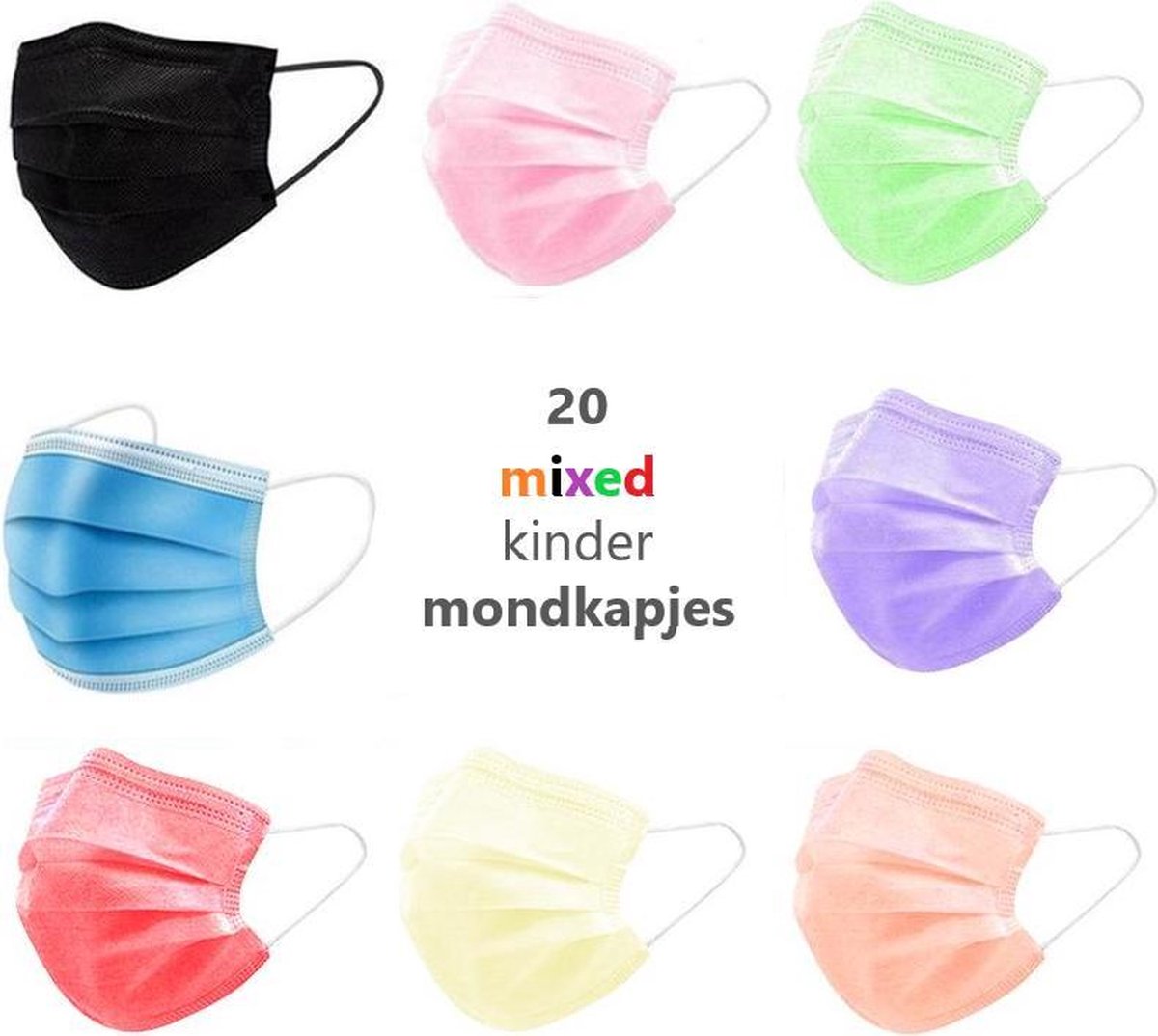 20 Kinder Wegwerp Mondkapjes Gemengde Kleuren | Gemixte Kleuren Mondmaskers Kindermaat | 14.5 x 9 cm | Multikleur | Geel | Groen | Blauw | Rood | Paars | Zwart | Roze | Oranje | Wit | Grijs