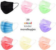 20 Kinder Wegwerp Mondkapjes Gemengde Kleuren | Gemixte Kleuren Mondmaskers Kindermaat | 14.5 x 9 cm | Multikleur | Geel | Groen | Blauw | Rood | Paars | Zwart | Roze | Oranje | Wit | Grijs