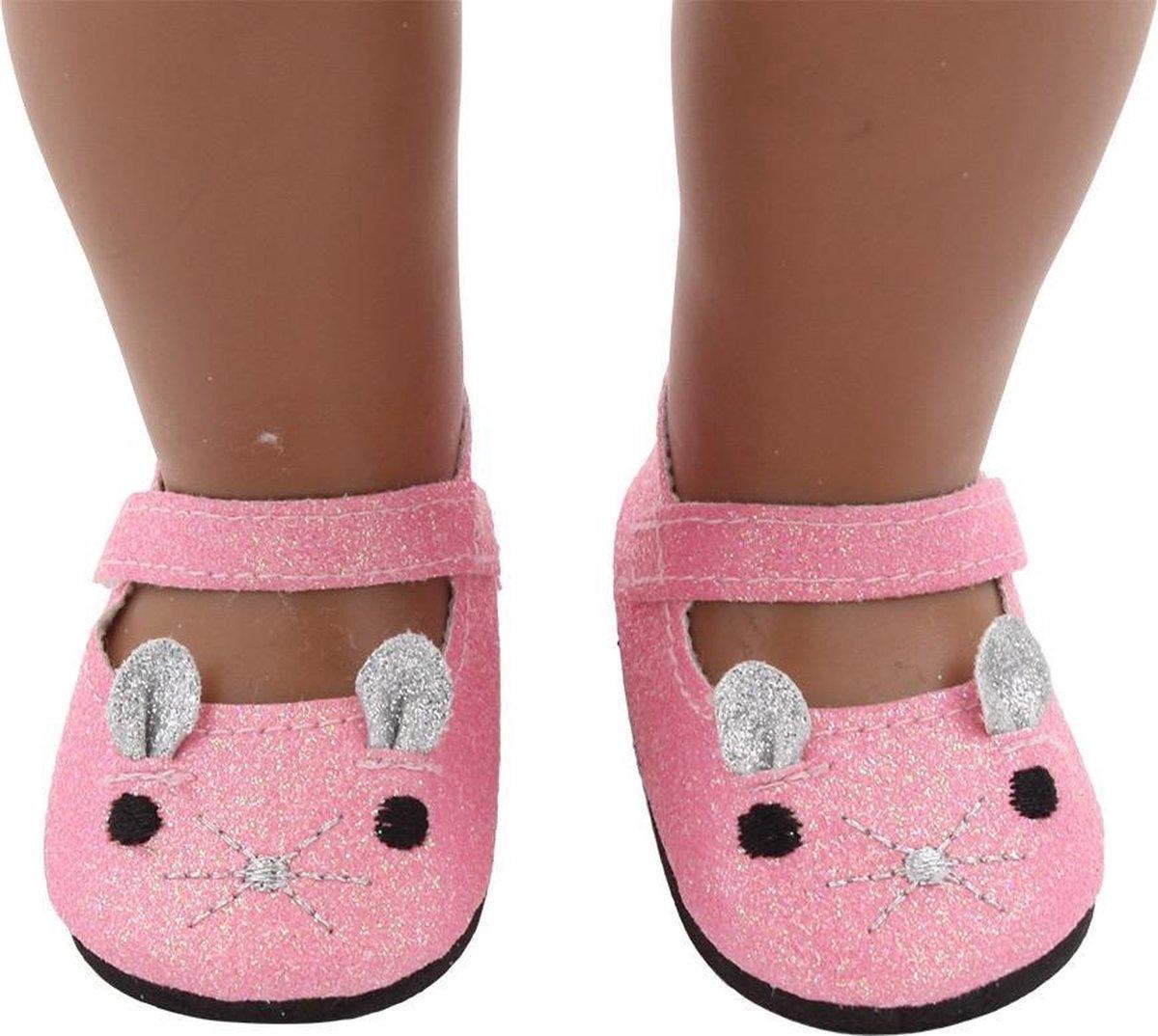 Dolldreams | Konijn Schoentjes voor Baby born - Roze schoenen met neusje en oortjes - Poppenschoentjes 7 cm