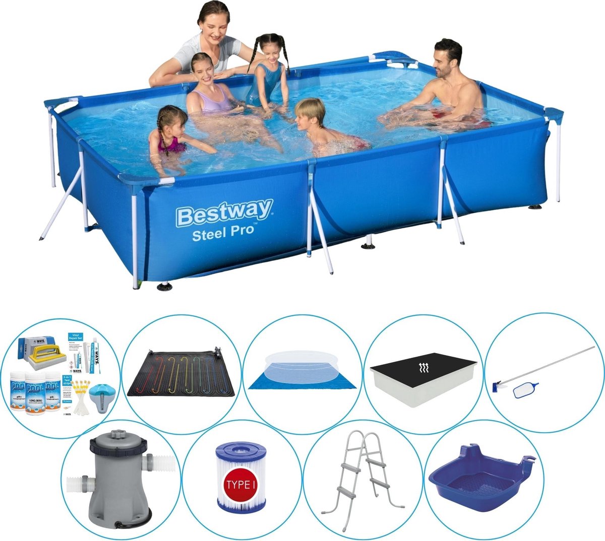 Bestway Steel Pro Rechthoekig Zwembad - 300 x 201 x 66 cm - Blauw - Inclusief Pomp en Toebehoren