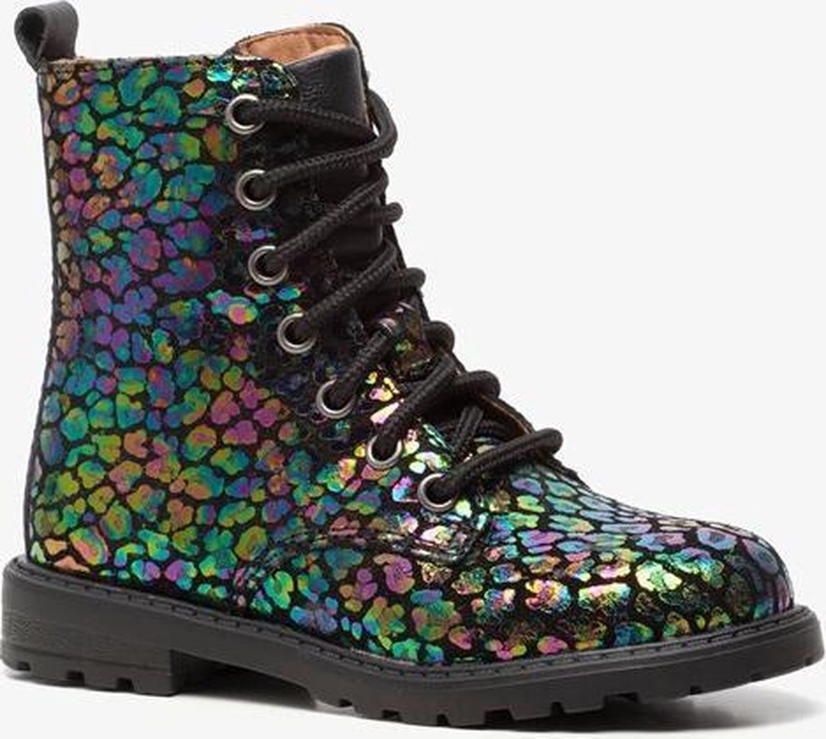 Groot leren meisjes veterboots met luipaardprint - Zwart - Maat 25