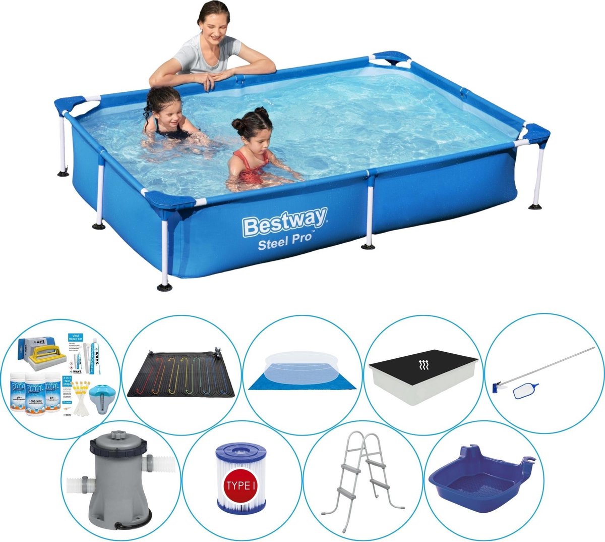 Bestway Steel Pro Rechthoekig 221x150x43 cm - Deluxe Zwembad Pakket