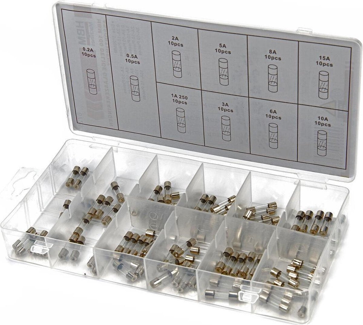 HBM 100-delige glaszekeringen assortiment