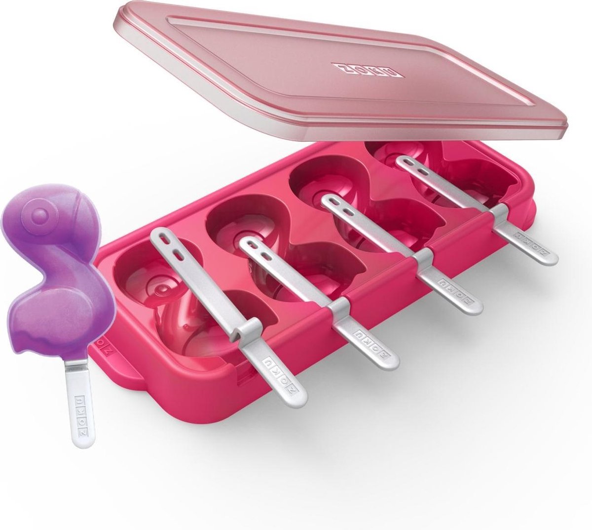 Zoku - IJsjesmaker - IJslollie maker - IJsvormpjes - Maak Je Eigen IJsjes - "Flamingo" - Set van 4 stuks