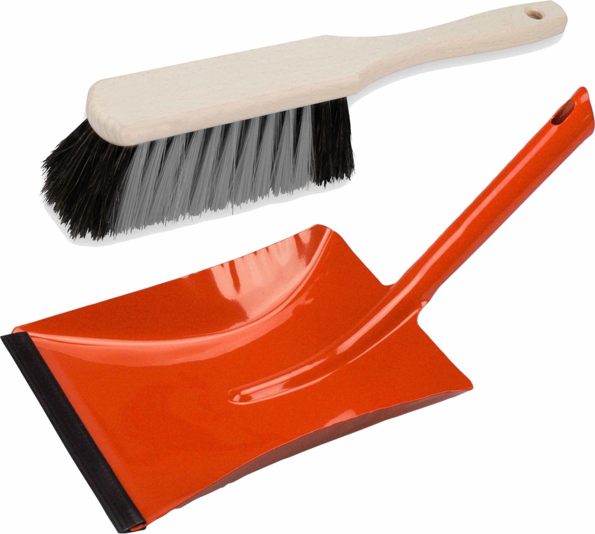 Stoffer en blik rood van metaal/hout met lip voor binnen - Zachte borstel/handveger