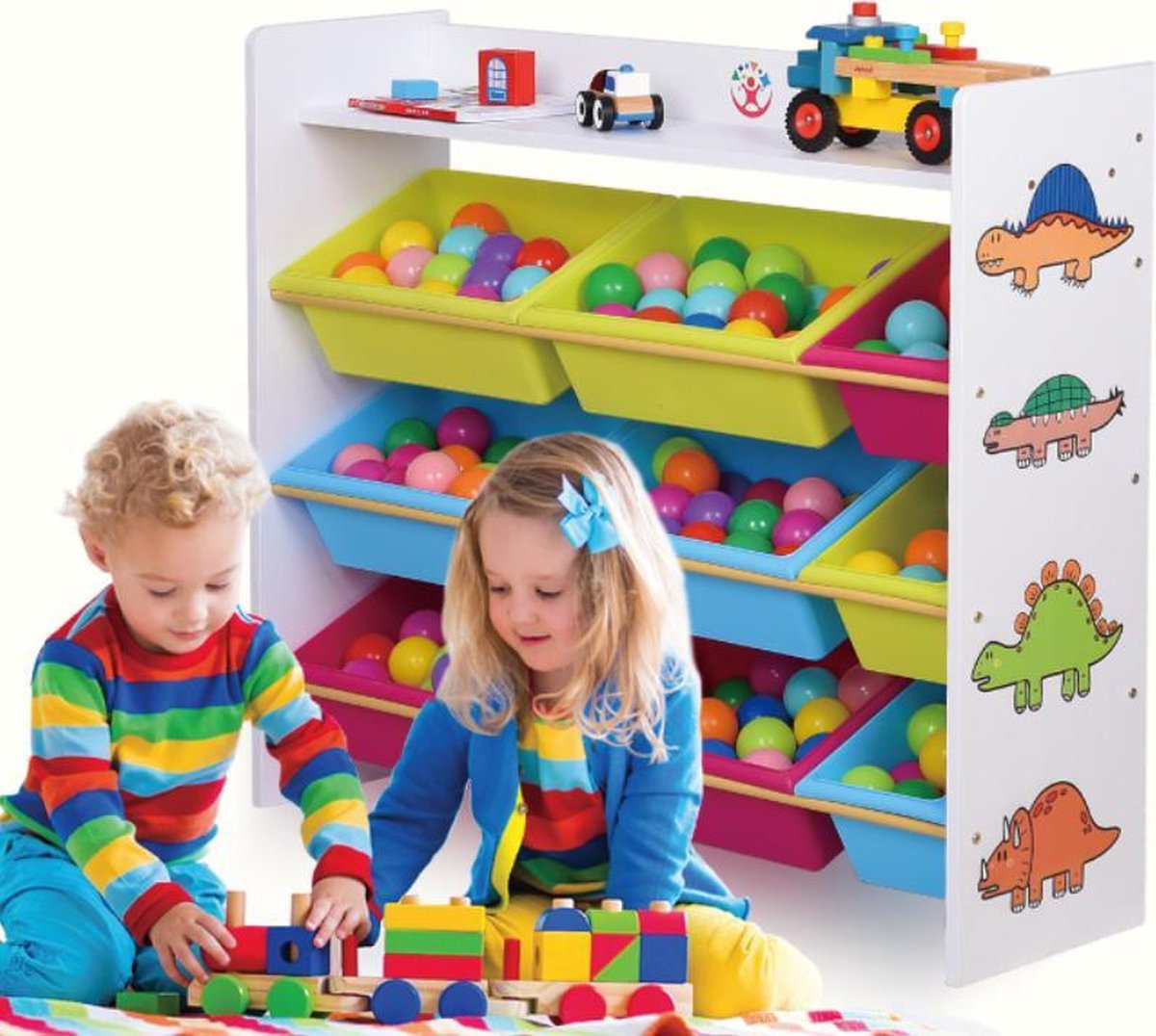 Massief houten 3-laags Kast met 9 Opslagbakken & Boekenplank - Dinosaurus Wit 86CM- Opbergkast - Speelgoedrek - Opbergrek kinderen - Speelgoedboxen - Opbergmeubel - Kast voor kinderkamer - Kinderkast - Organizer - Speelgoedkast - Meubels  kinderkamer
