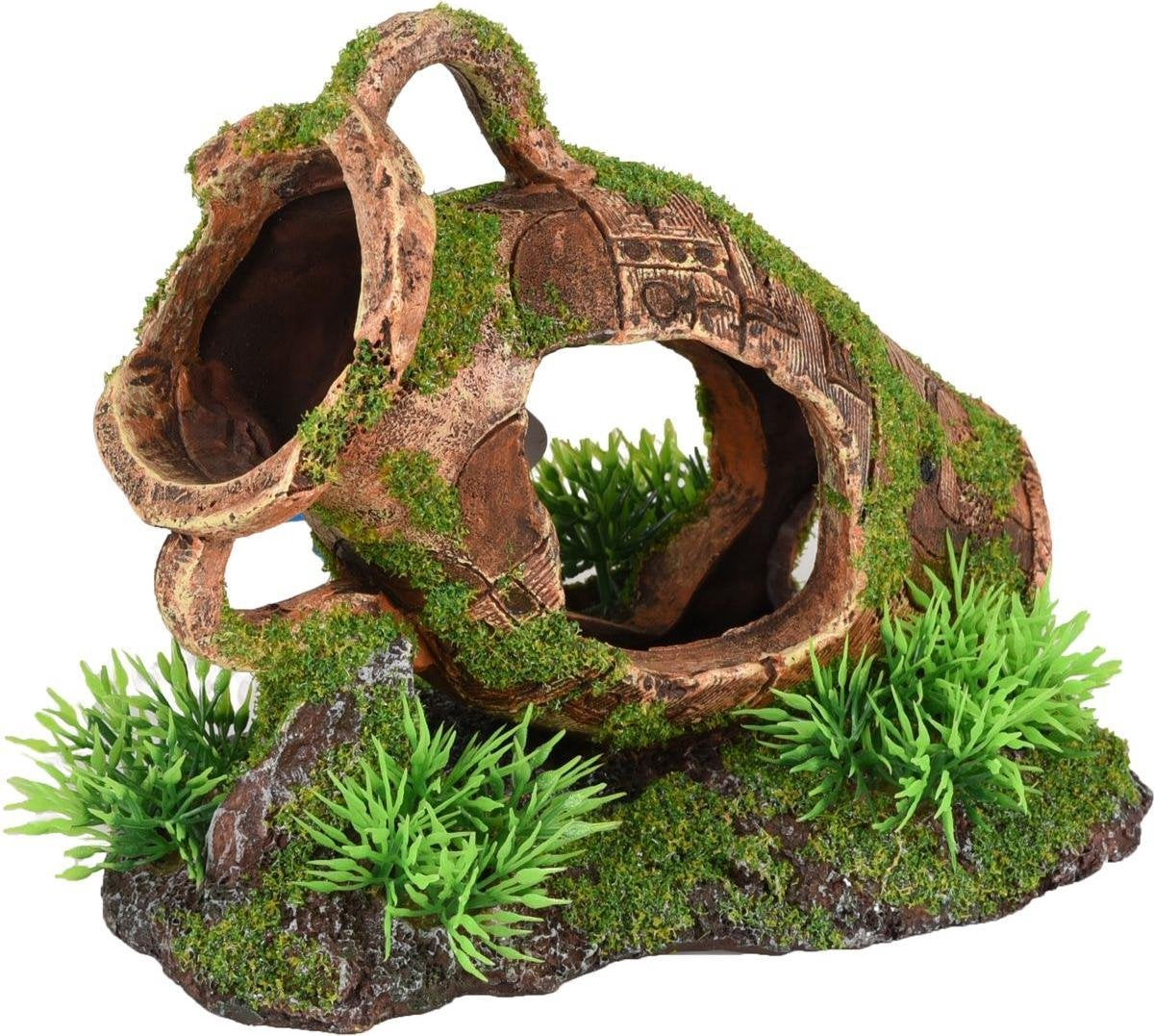 Aquarium decoratie Moza kruik + plant  - 16 x 11 x 13 cm