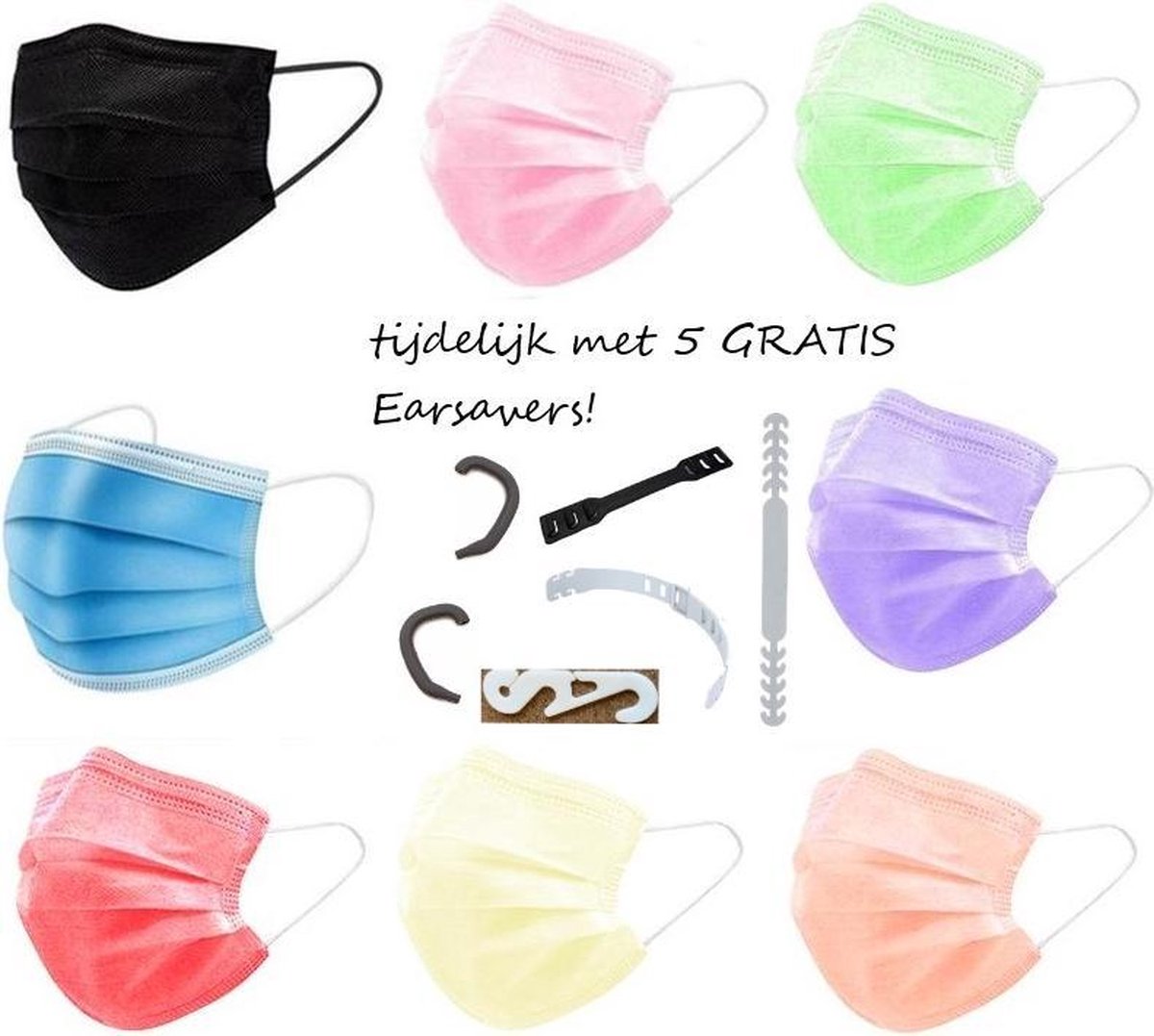 Wegwerp Mondmaskers | Met Multi Earsavers Set | Verschillende Kleuren | 20 Stuks |  Mondkapje Gemixte Kleuren | Rood | Geel | Paars | Oranje | Groen | Roze | Blauw | Zwart | Grijs | Wit