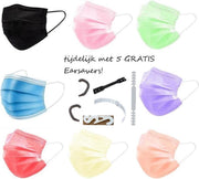 Wegwerp Mondmaskers | Met Multi Earsavers Set | Verschillende Kleuren | 20 Stuks |  Mondkapje Gemixte Kleuren | Rood | Geel | Paars | Oranje | Groen | Roze | Blauw | Zwart | Grijs | Wit