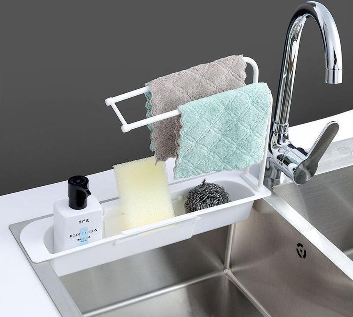 EasyGoods® Gootsteenorganiser - Gootsteenbakje - Spons en vaatdoekhouder - Spoelbak Afvoerrek - Verstelbaar – Wit