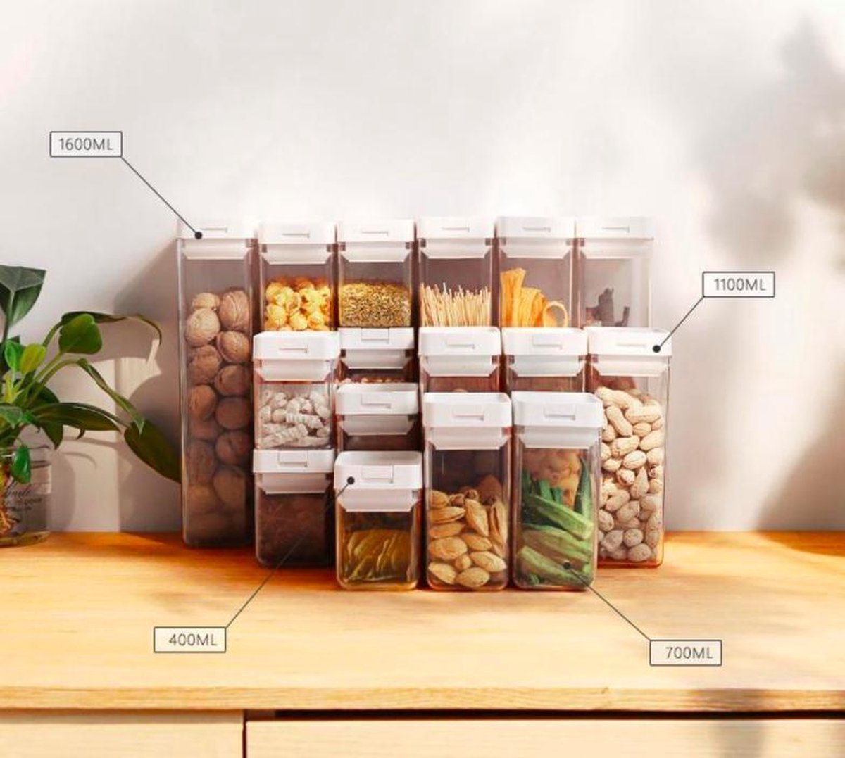 MIRO Voorraad Bussenset 3-Delig Vochtbestendig Voedsel Bewaren 400ML 700ML 1100ML Wit Transparant