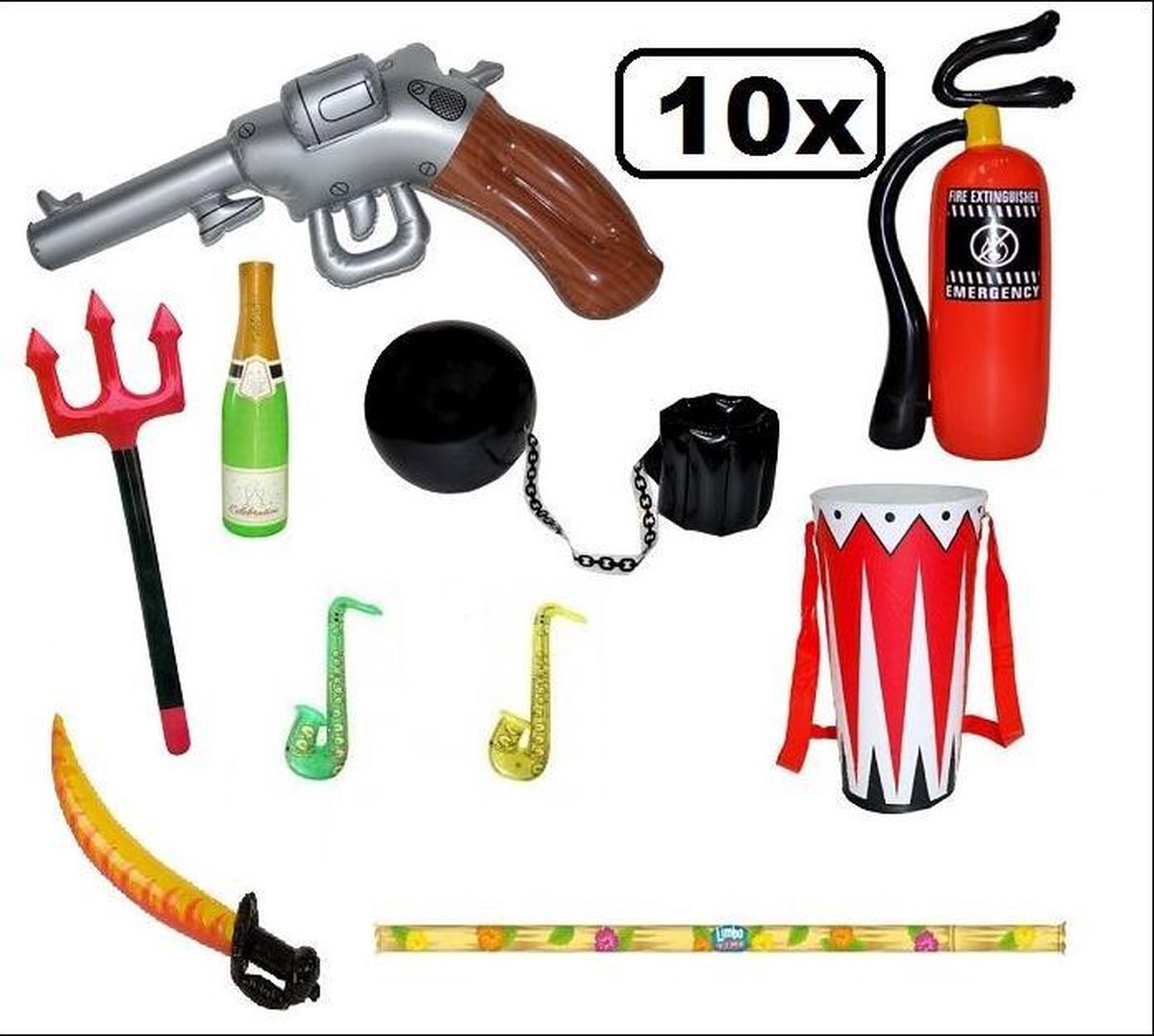 10x Opblaasbare super set assortie - carnaval opblaas pistool drietand boevenbal saxofoon brandblusser trommel champagne