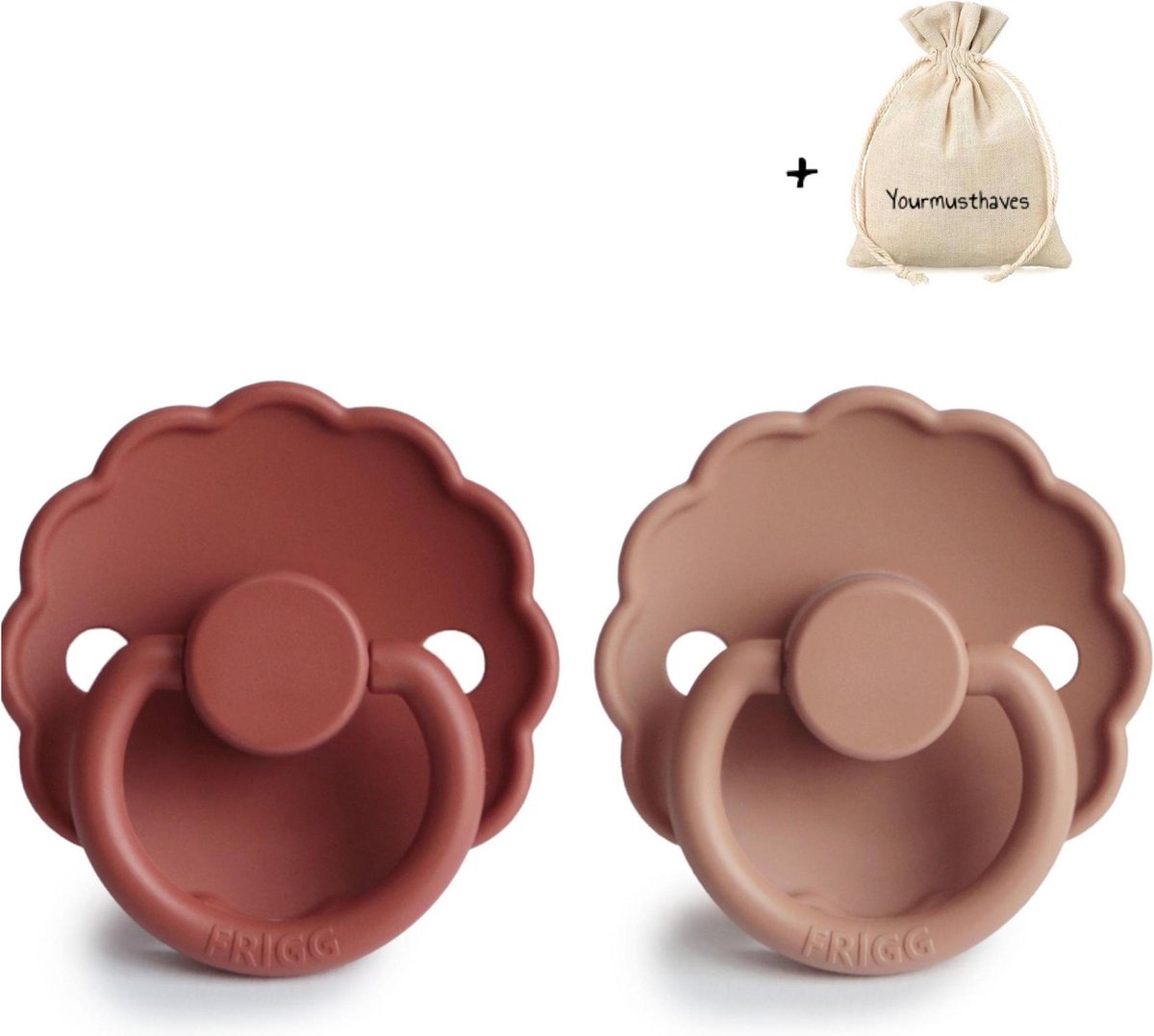 FRIGG | Fopspeen Duo | T1 | 0-6 maanden | Daisy | Natuurrubber |Baked Clay + Rose Gold | Met YOURMUSTHAVES speenzakje