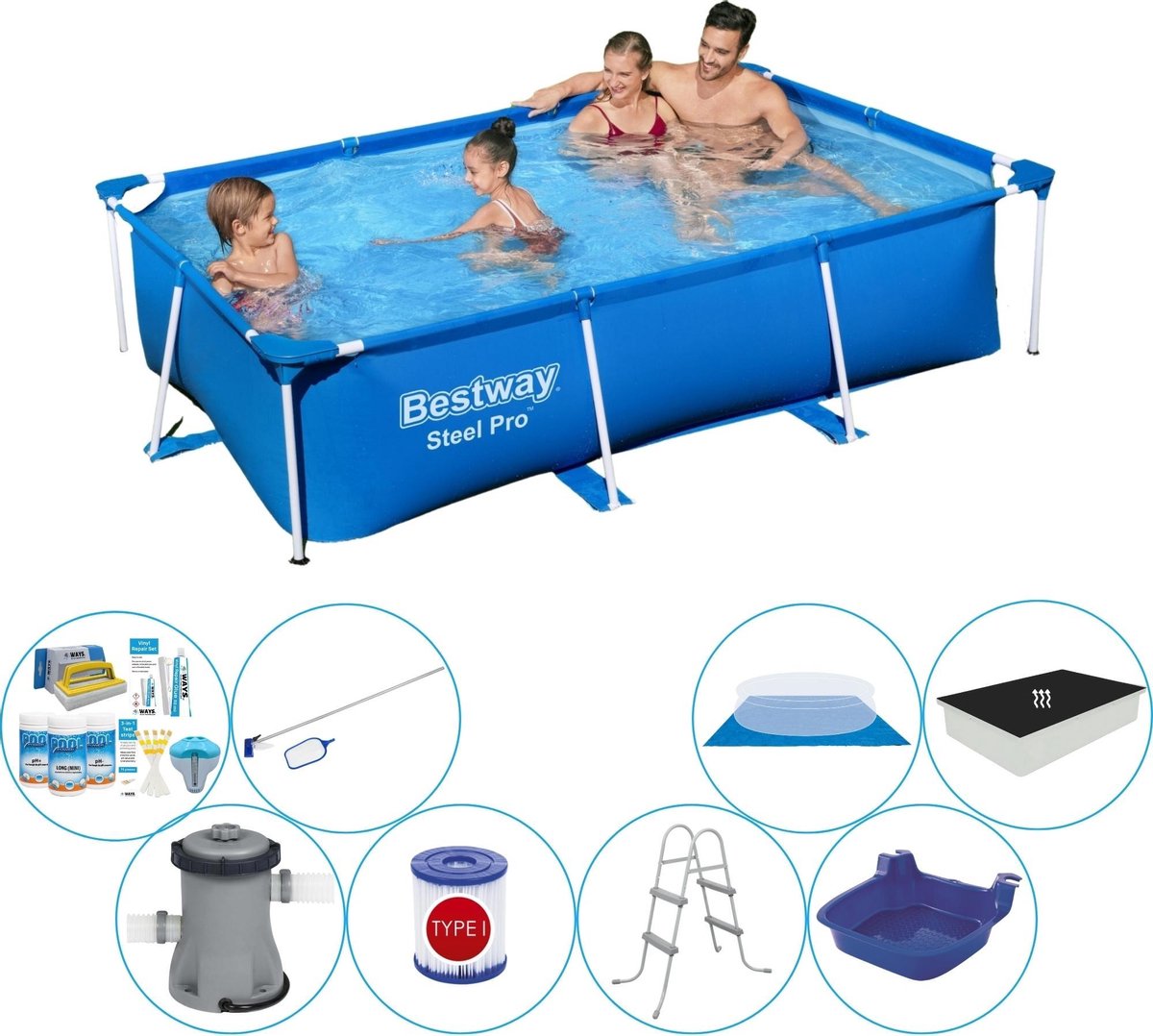 Bestway Steel Pro Rechthoekig Zwembad - 259 x 170 x 61 cm - Blauw - Inclusief Pomp - Voordeelpakket