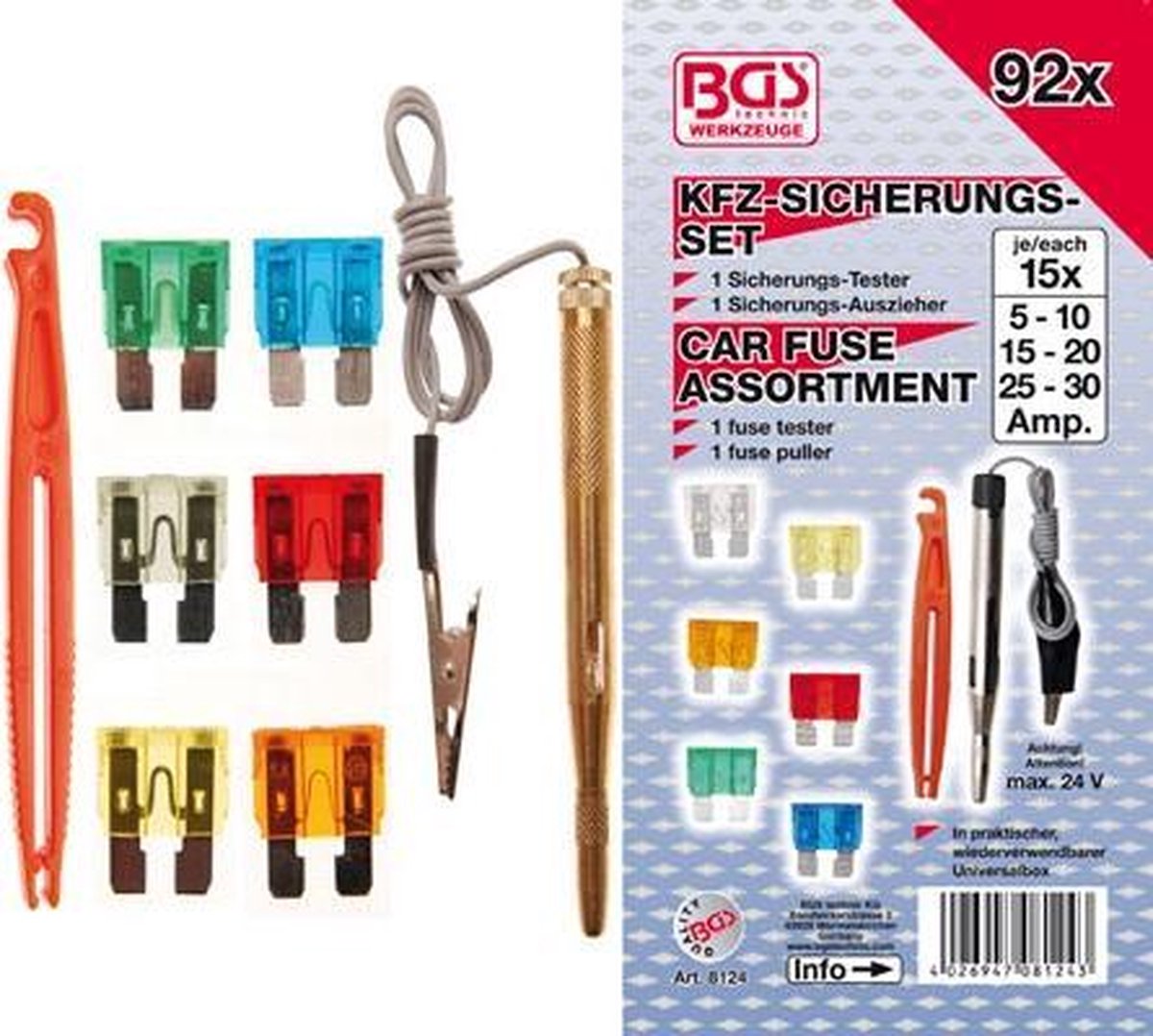 Assortiment Auto Zekeringen - Steekzekeringen - Standaard - Inc. Zekeringtester en Zekeringtrekker  - 92 Delig - BGS8124