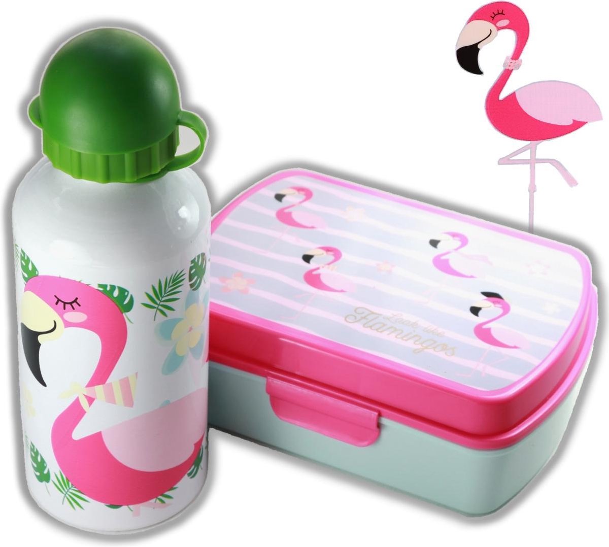 Flamingo broodtrommel + aluminium drinkfles wit | Lunchbox meisje LS10