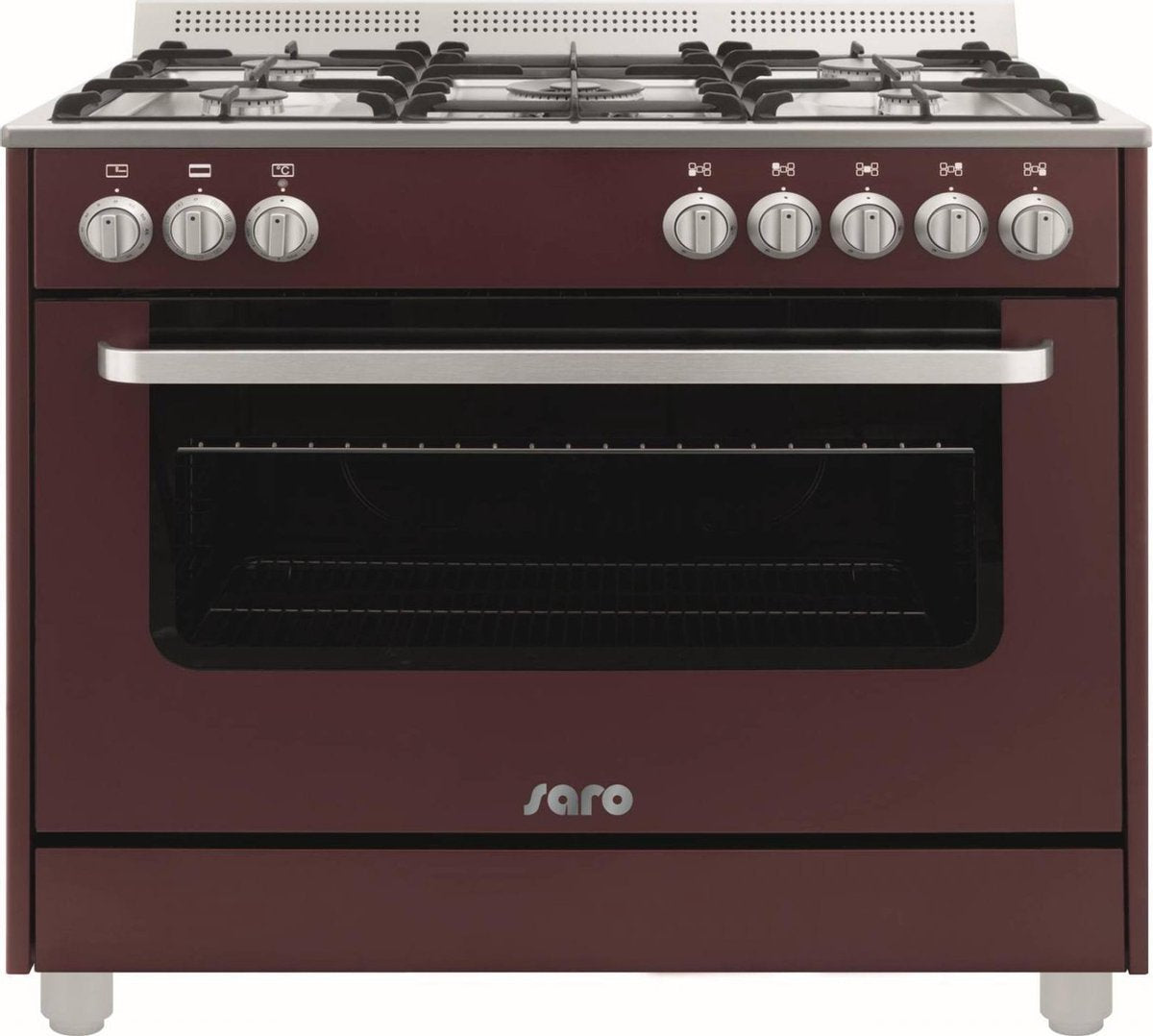 SARO Design gas fornuis - Bordeaux rood - 5 pits - wok - elektrische oven & grill met 11 functies - Design model  TS95C61LVI