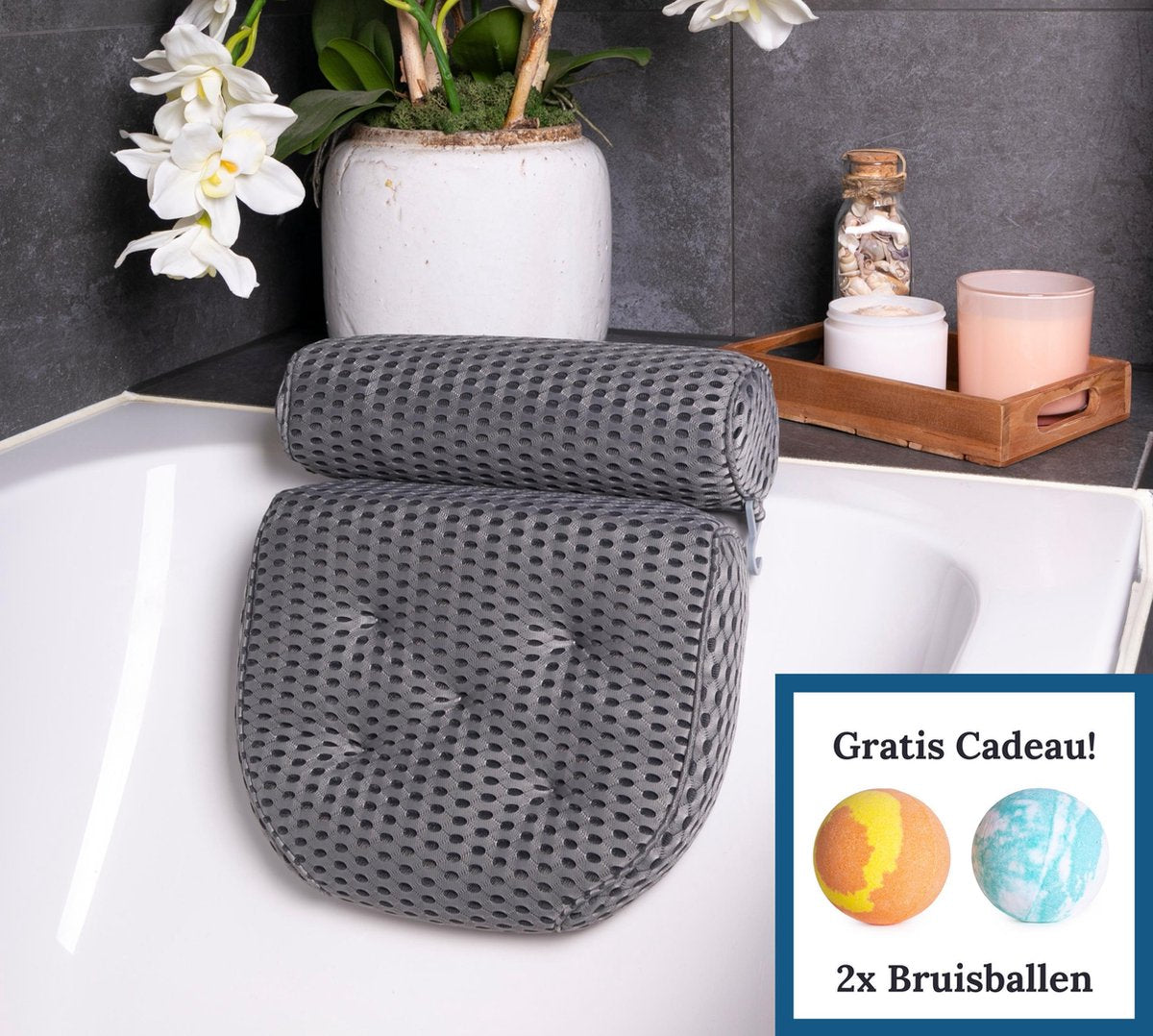 Badkussen HEIMR Grijs - Orthopedisch Spa Kussen voor Rug/Schouders/Nek -  4D Mesh Materiaal en Stevige Zuignappen - Inclusief 2 Bruisballen