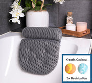 Badkussen HEIMR Grijs - Orthopedisch Spa Kussen voor Rug/Schouders/Nek -  4D Mesh Materiaal en Stevige Zuignappen - Inclusief 2 Bruisballen