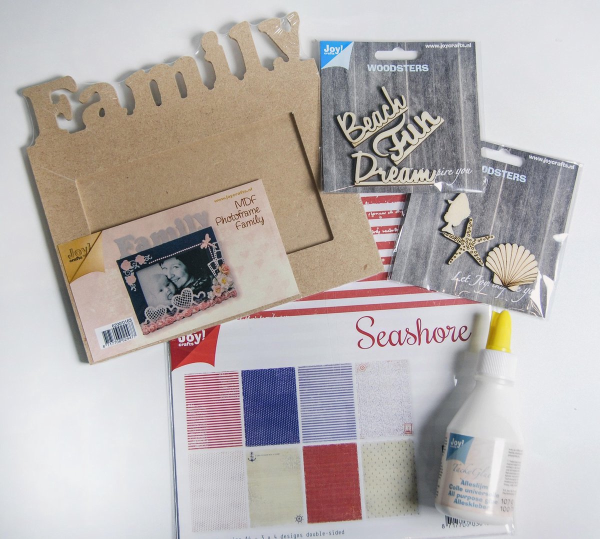 Joy!Crafts / MDF Familyfotolijst  om op te pimpen in strandthema / Alleslijm / Papierset / Houten Figuren