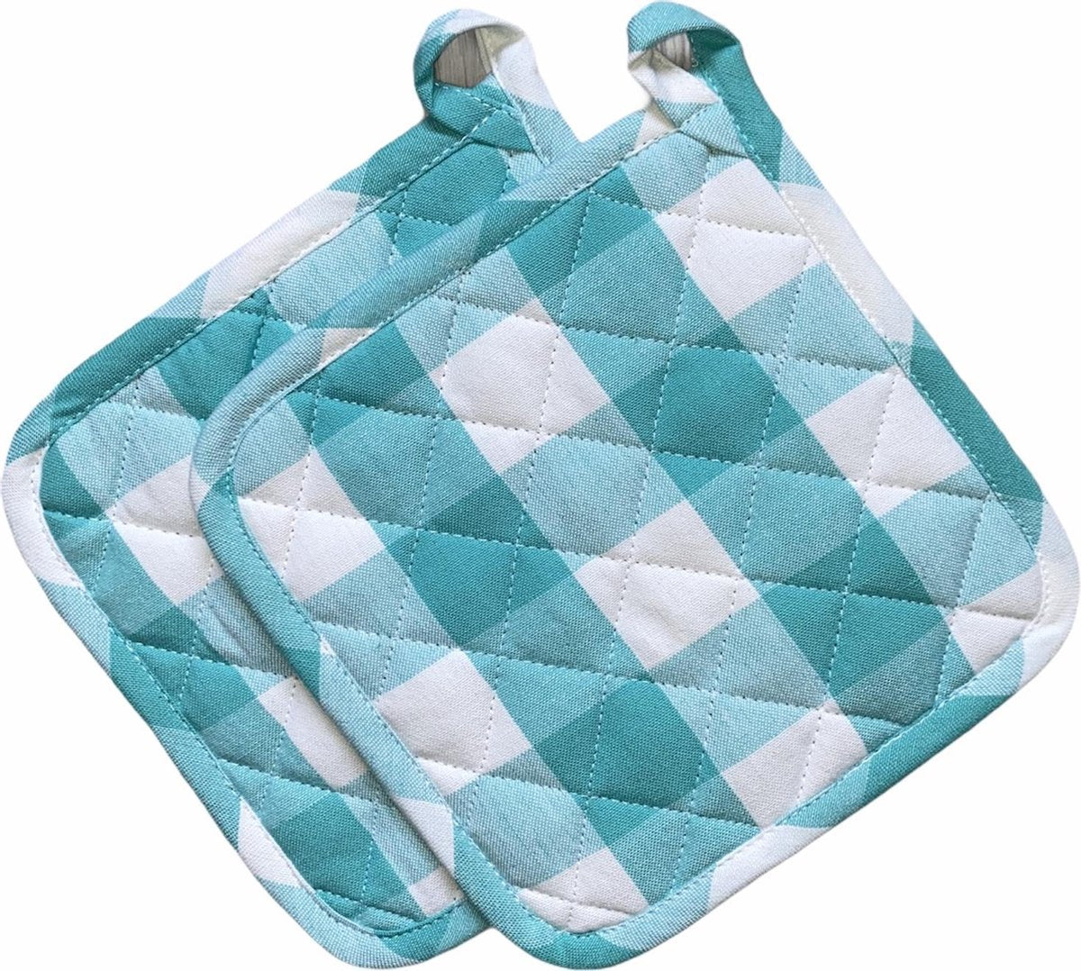 Pannenlappen 2 stuks | 100% Katoen | 20 x 20 CM | Hittebestendig | Grip | Turquoise | Wit | Geruit |