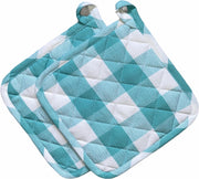 Pannenlappen 2 stuks | 100% Katoen | 20 x 20 CM | Hittebestendig | Grip | Turquoise | Wit | Geruit |