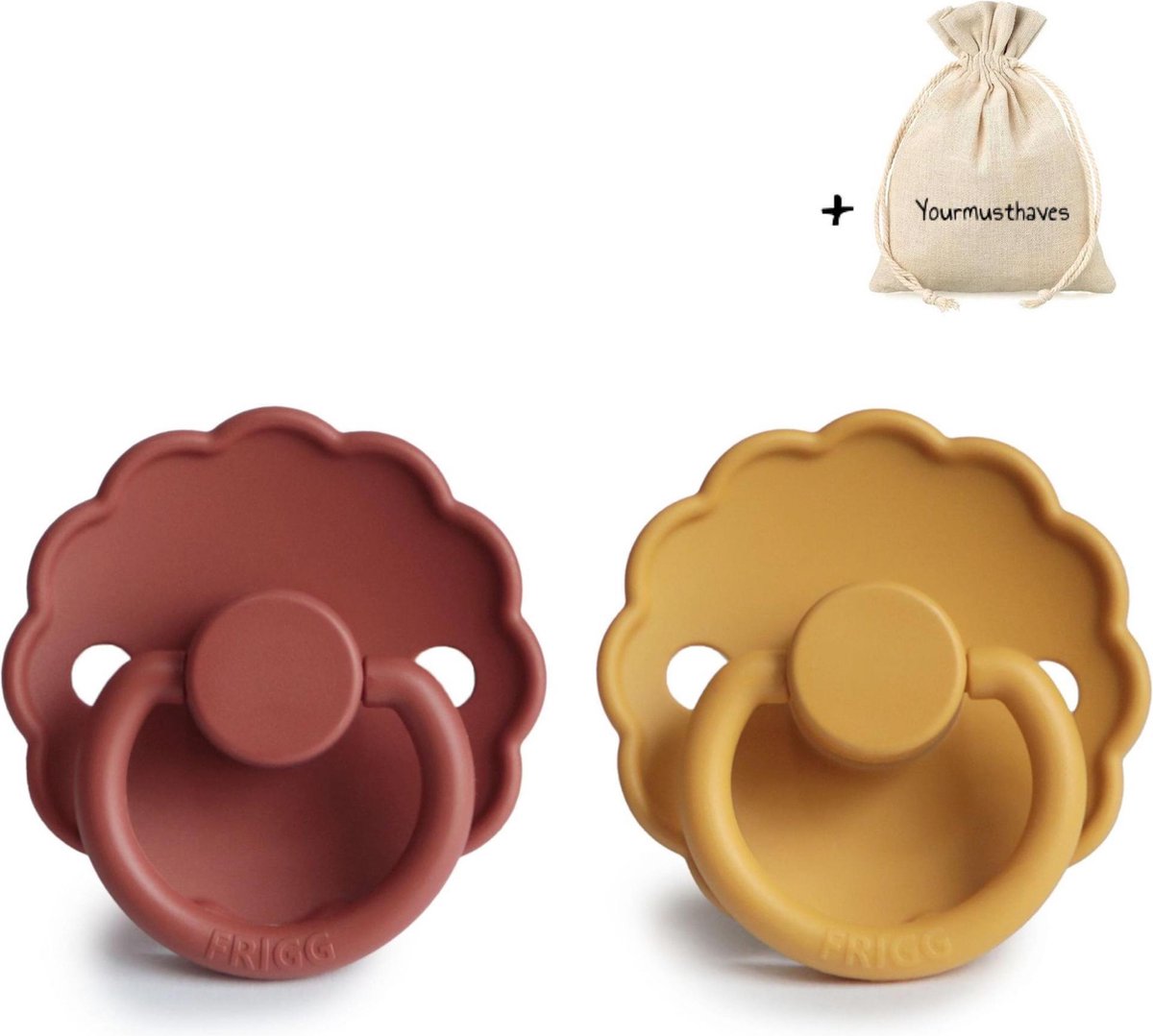 FRIGG | Fopspeen Duo | T1 | 0-6 maanden | Daisy | Natuurrubber | Baked Clay + Honey Gold| Met YOURMUSTHAVES speenzakje