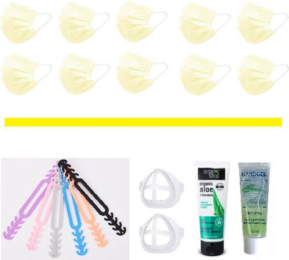 Mondkapjes Vakantie Pakket: 50 Gele Mondmaskers | 5 Earsavers Mix | 2 Mondmaskerhouders | Handcreme | Handgel