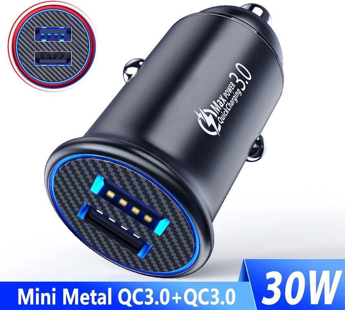 Dual USB 3.0 Snellader Auto - Metaal - Mini Formaat - Kwaliteit - Led - Metalen Body - QC 3.0 Duo Lader - 12 tot 24 Volt - Quick Charge - Aluminium - Micro - Verlichting - Autolader - Usb - Sigarettenaansteker - Laadplug - Telefoonlader Vrachtauto
