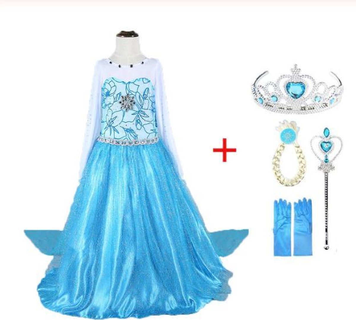 WiseGoods - Frozen Elsa - Jurk en set voor Meisjes - Prinsessen - Verkleedkleding - Kinderkostuum - 4-5 jaar - 104-110 - Blauw