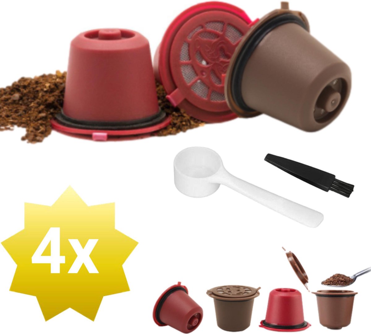 4x Herbruikbare Nespresso cups - Nespresso cups - Millieuvriendelijk - Navulbare koffie cups - Met Maatlepel en Borstel